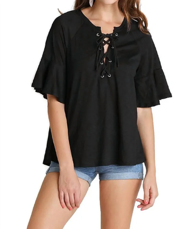 Latest Fashion for Women Lace Up Bell Sleeve Top In Black