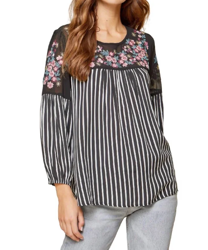 The Latest Trends Floral Embroidered & Striped Top In Black