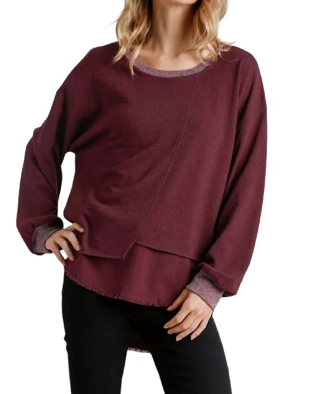 Huge Markdowns Layered Frayed Hem Top In Burgundy