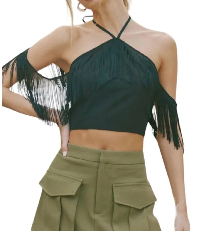 Chic Women's Clothing Online Fringe Detail Halter Neck Top In Black