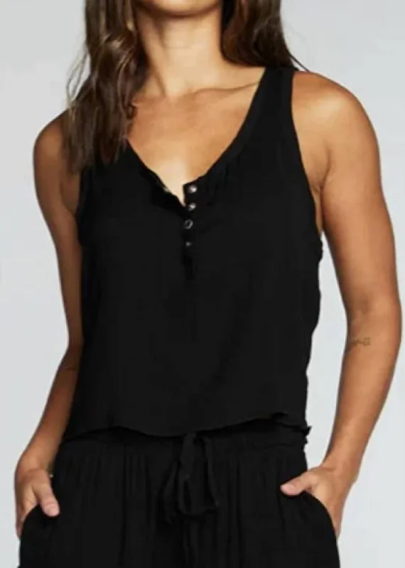 Wardrobe Essentials Heirloom Wovens Cropped Snap Front Racerback Henley In True Black