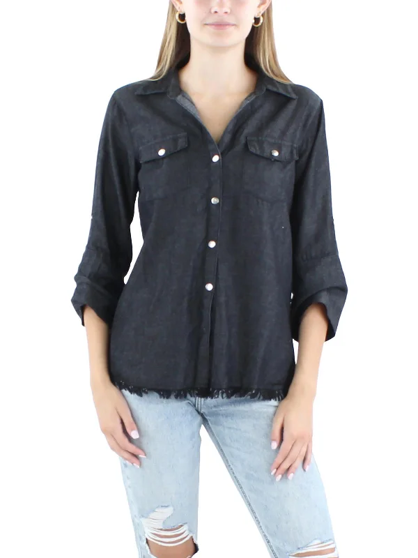 Innovate Your Wardrobe Petites Womens Adjustable Sleeves Frayed Hem Button-Down Top