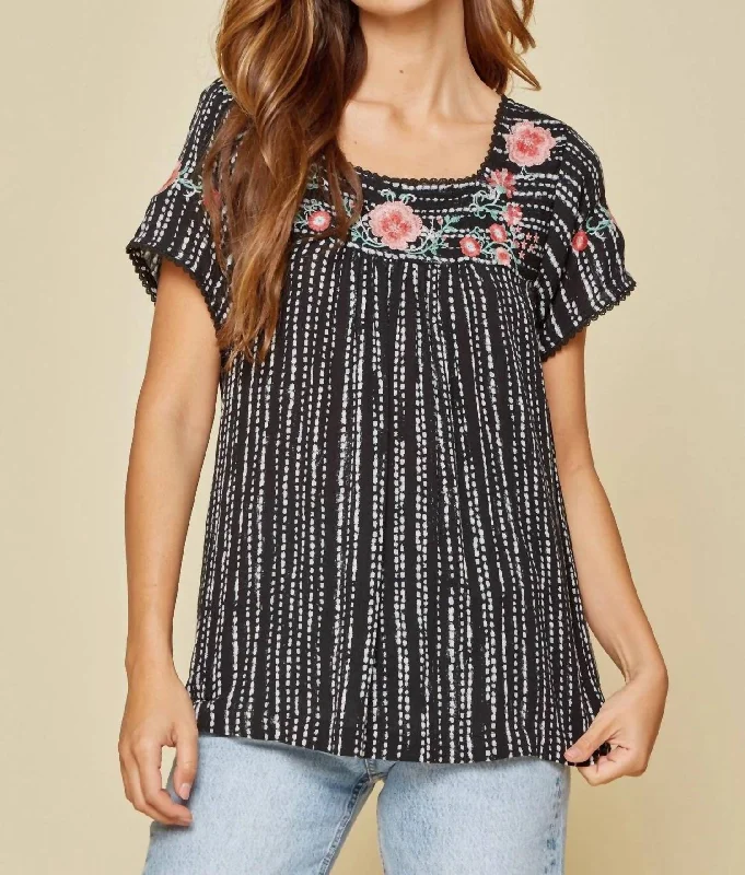 Don't Miss Out Babydoll Embroidered Top In Black