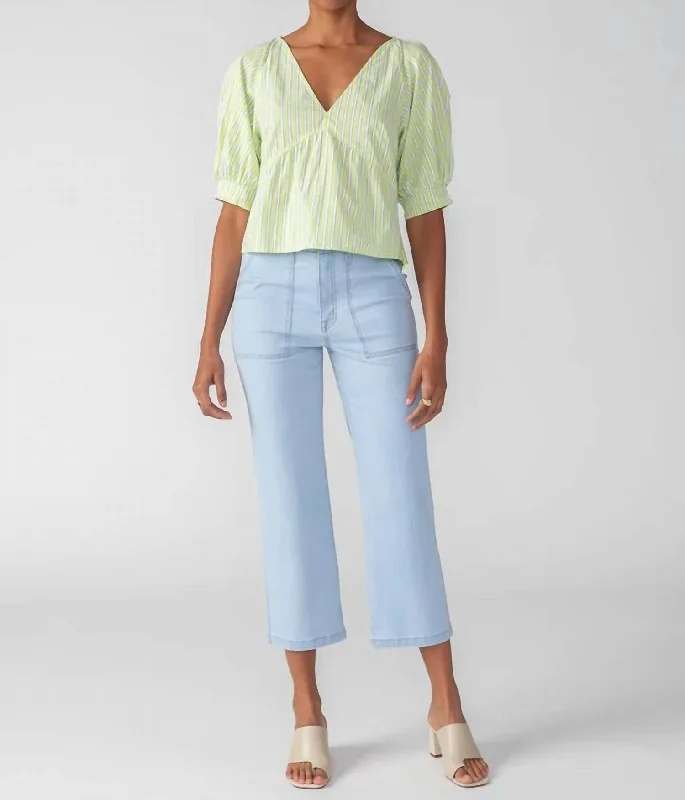 The Latest Trends V-Neck Poplin Top In Green Energy/white Stripe