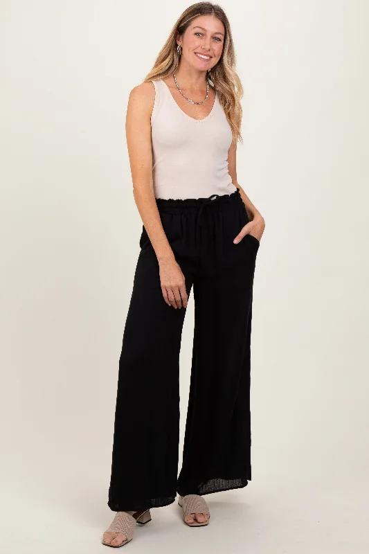 Unbeatable Prices Black Ruffled Drawstring Waist Wide Leg Pants