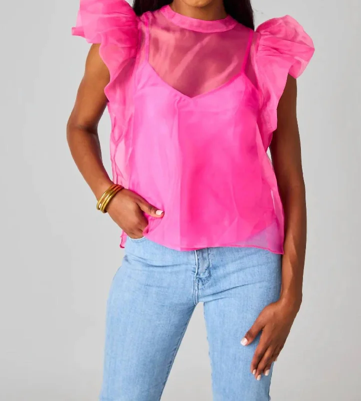 Valentine's Special Kaycee Organza Ruffle Sleeve Top In Hot Pink