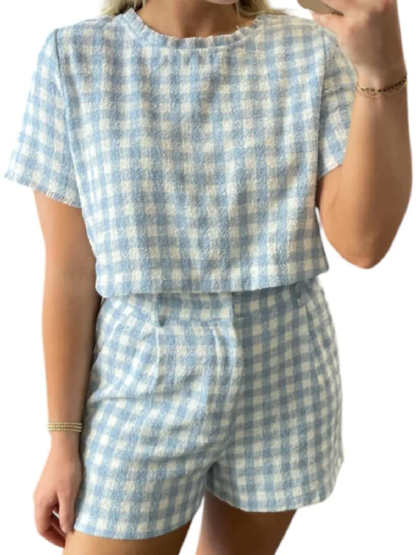 High End Women's Wear Gingham Raw Edge Top In Blue/white