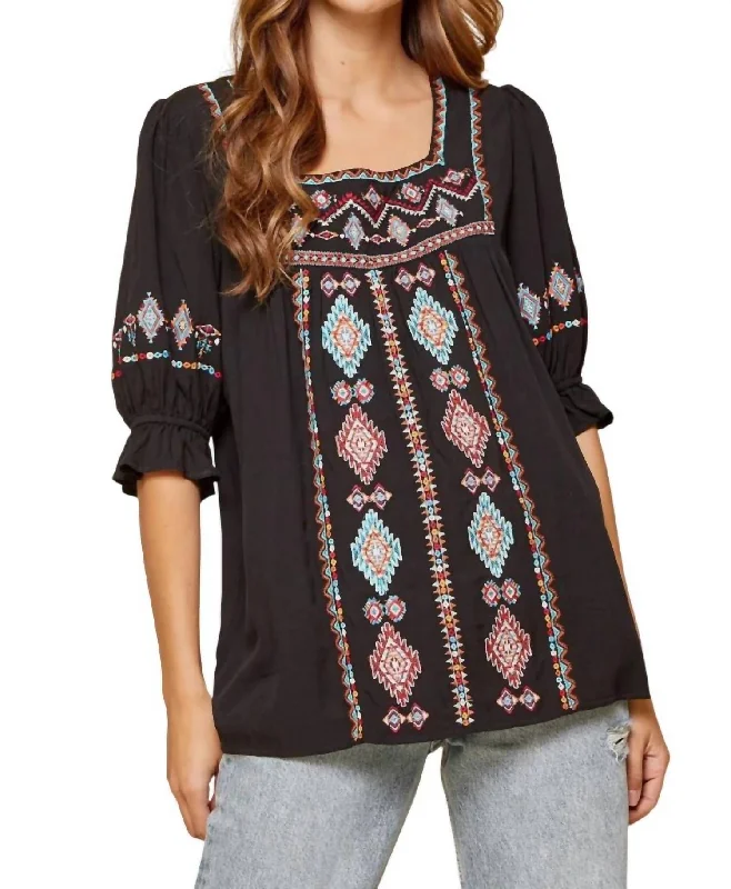 Casual Women's Clothing Embroidered Peasant Top In Black