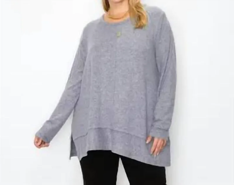 Minimalist Women's Fashion Clothing Pleat Button Back Cozy Top In Grey