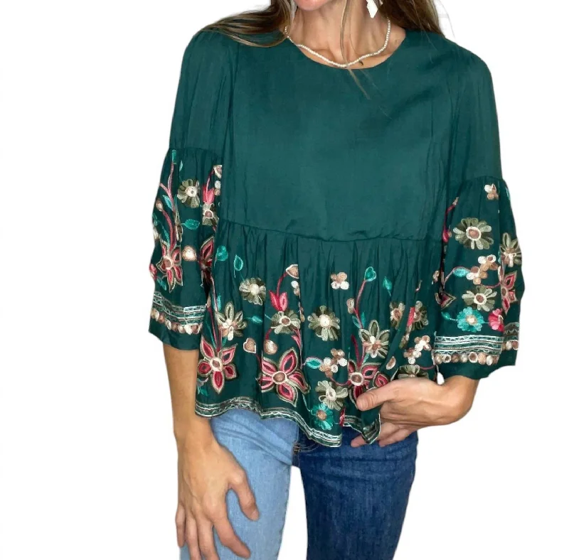 Trendy Street Style Attire Bailey Embroidered Baby Doll Top In Emerald Green