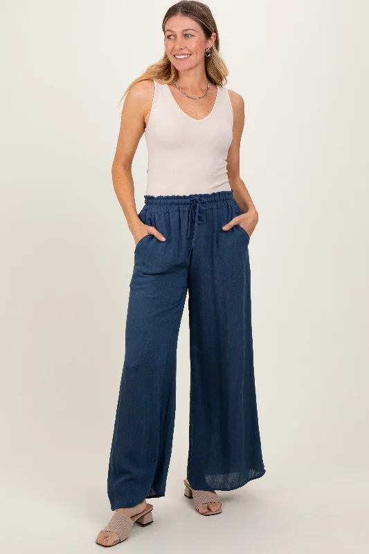 Huge Discounts This Week Navy Ruffled Drawstring Waist Wide Leg Pants