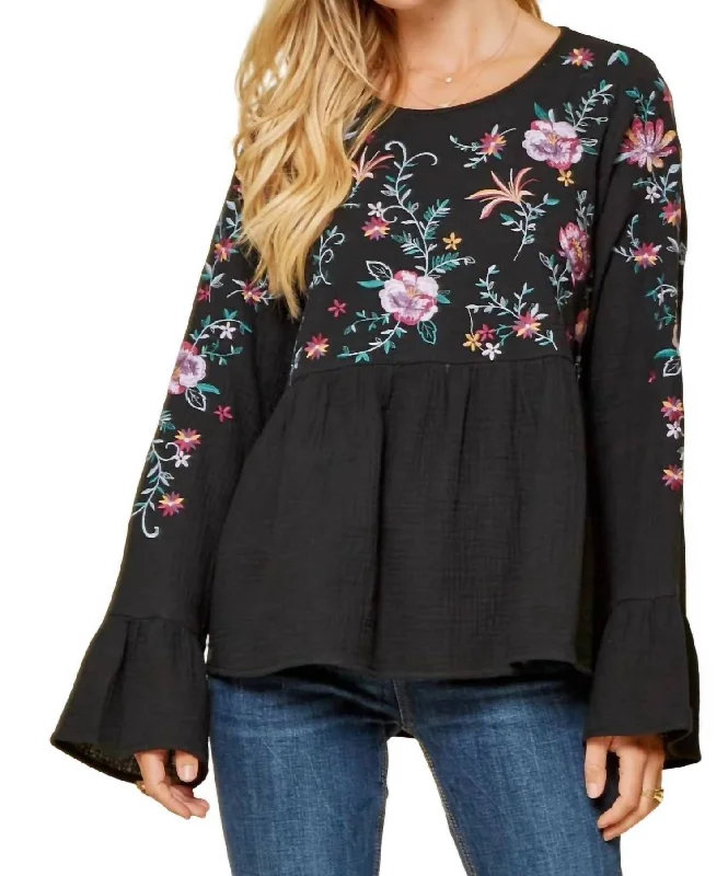 Daily Essentials Embroidered Babydoll Top In Black