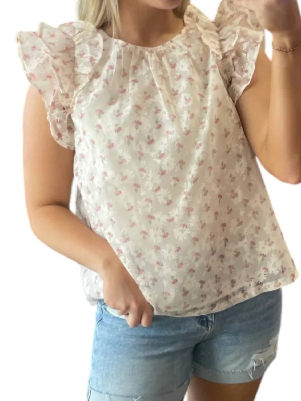 Wardrobe Essentials Flutter Sleeve Floral Top In Berry/ivory