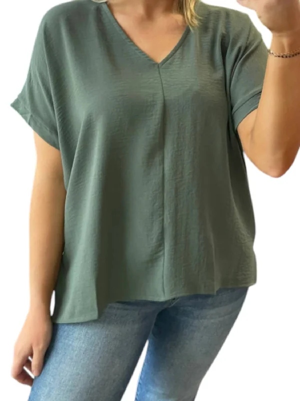 Fashion Forward V-Neck Woven Top In Light Hunter