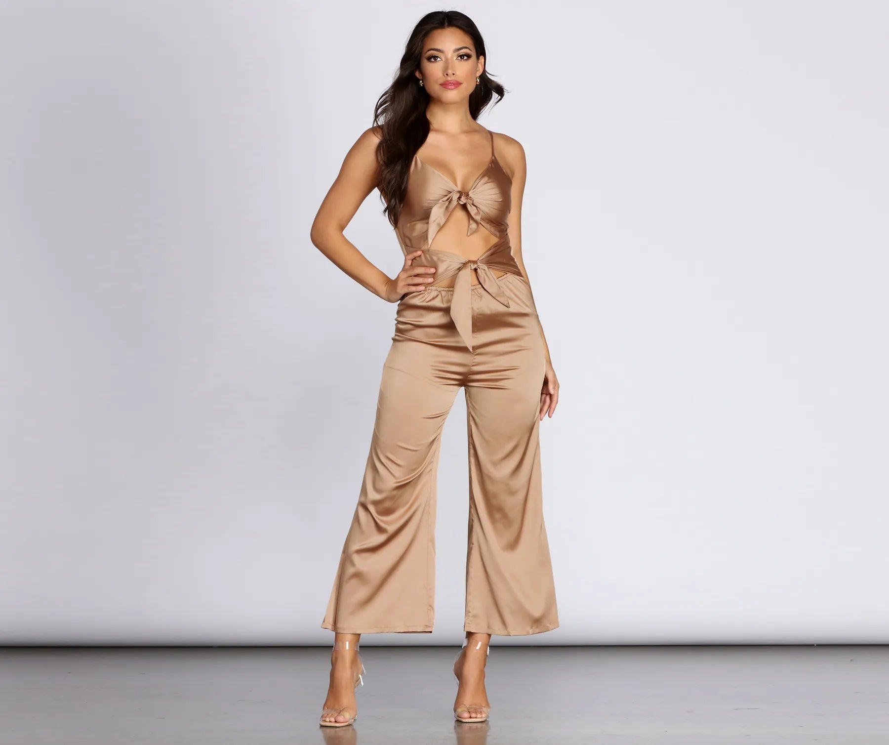 Wardrobe Essentials Stunning Satin Tie Front Jumpsuit