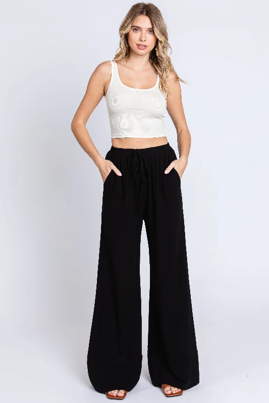 Fashion Deal Black Linen Wide Leg Lace Trim Pants