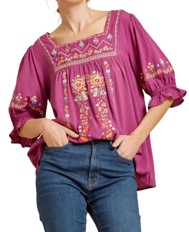 Seasonal Picks Embroidered Peasant Top In Magenta