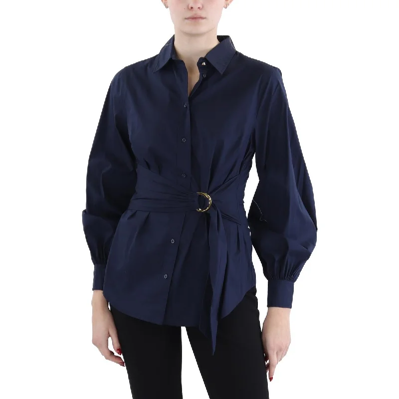 Holiday Special Offers Womens Poplin Belted Button-Down Top