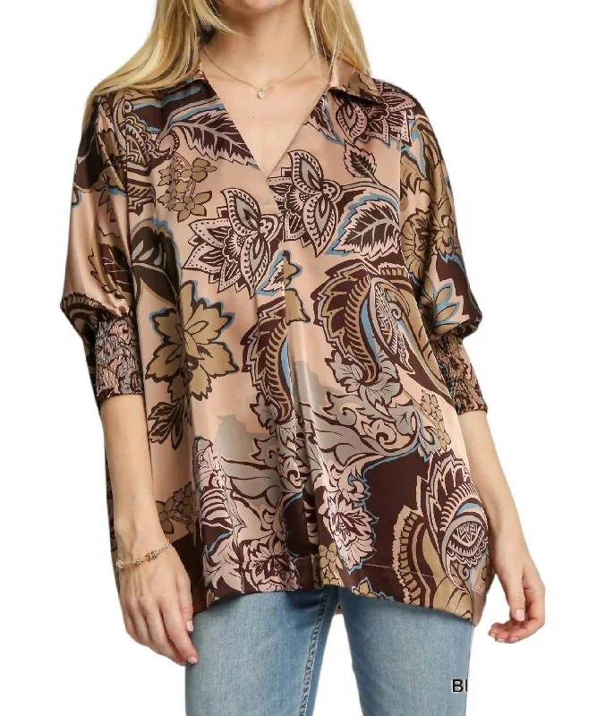 Women's Clothing Online Sale Paisley Print Collared Top In Brown