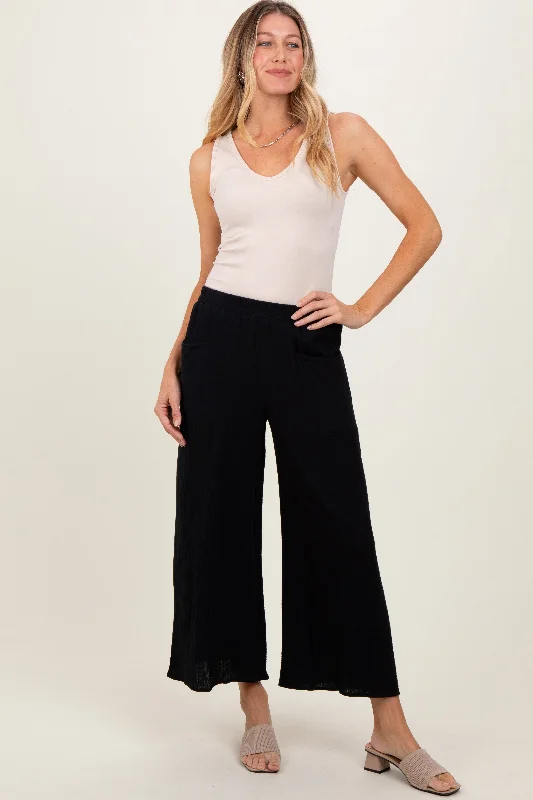 Fashion Sale Black Cotton Gauze Wide Leg Pants