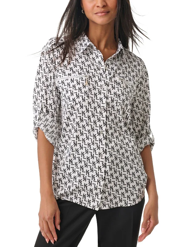 Redefining Women's Fashion Womens Logo Collared Button-Down Top