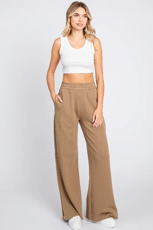 Limited Styles Brown Soft Wide Leg Side Slit Sweatpants