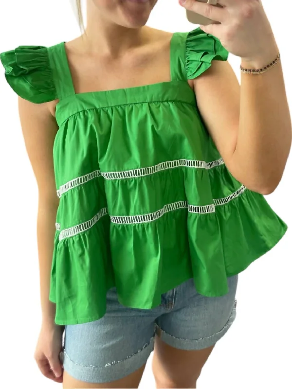 Exclusive Women's Fashion Collection Square Neck Ruffle Sleeve Top In Kelly Green