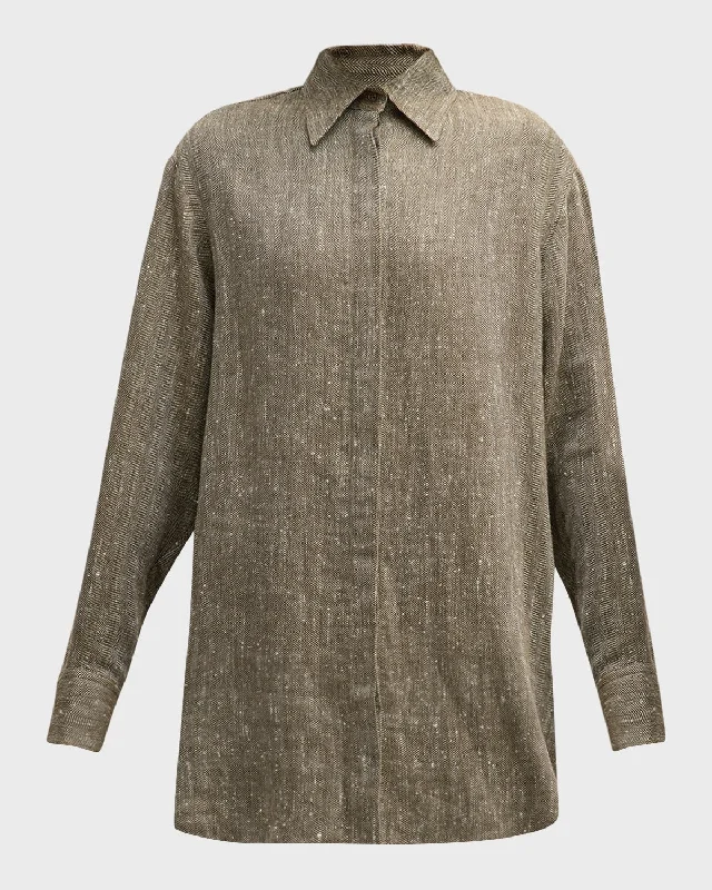 Clothing For Women Linen-Silk Herringbone Oversized Button-Down Shirt