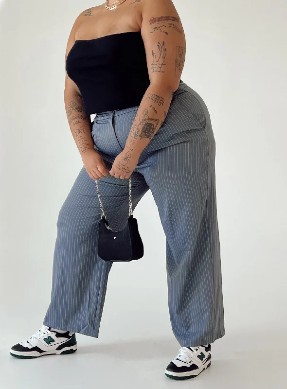 Trendy Street Style Archer Pants Pinstripe Grey Curve