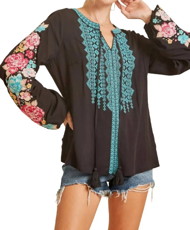 Modern Women's Fashion with Vintage Touches Floral & Geo Embroidered Top In Black