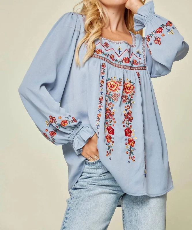 High-End Women's Apparel Embroidered Babydoll Top In Blue