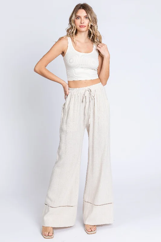 Best Sellers Beige Linen Wide Leg Lace Trim Pants