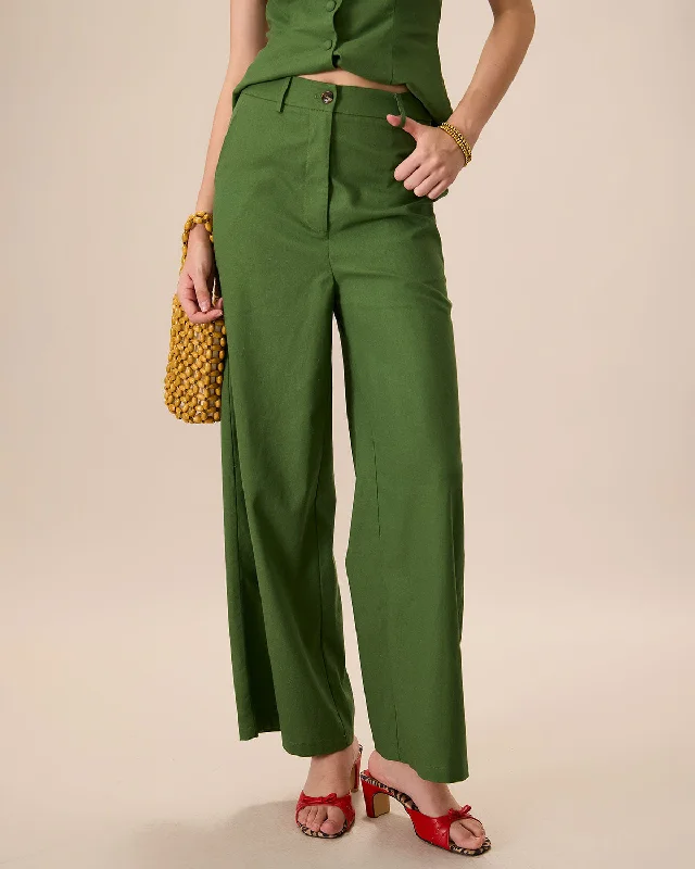 Trendy Women's Apparel Women's Green High-Waisted Cotton Linen Wide-Leg Pants