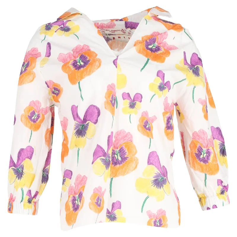 Trend Forward Threads For Her Marni Floral Print V-Neck 3/4 Sleeve Shirt in Multicolor Cotton