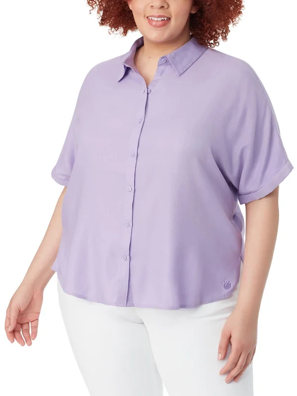 Chic Wardrobe Essentials Plus Womens Collar Woven Button-Down Top