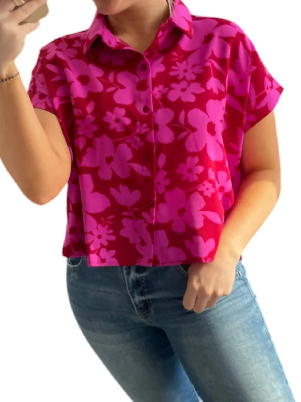 Evening Elegance Floral Collared Button Up Top In Red/fuchsia