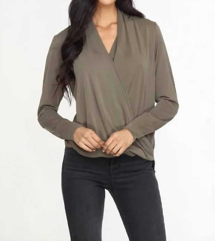 Fashion Forward Cupro Draped Surplice Top In Olive