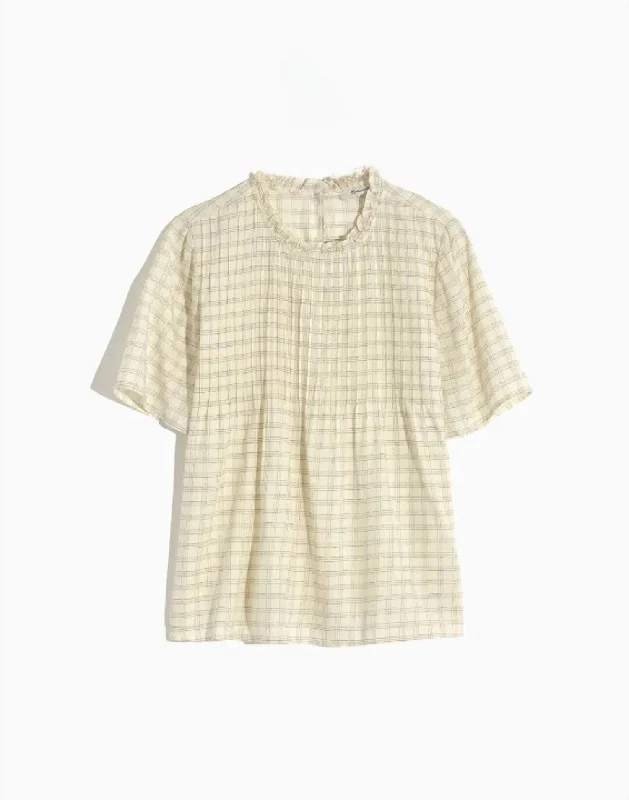 Mega Sales Ruffle Collar Windowpane Pintuck Top In Ivory