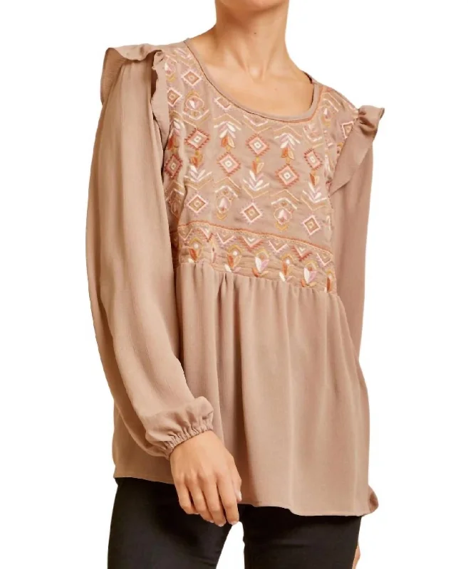 Flash Sale Starts Embroidered Babydoll Ruffle Top In Mocha