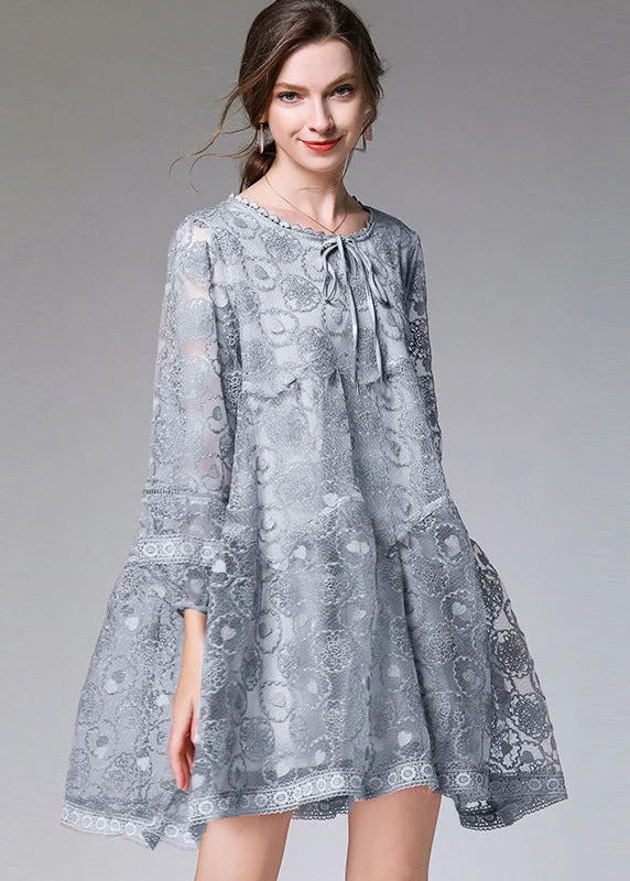 Big Discounts Blue Grey Hollow Out Lace Maxi Dress O-Neck Embroideried Long Sleeve