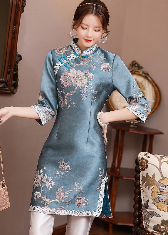 High End Women's Wear Jacquard Blue Stand Collar Side Open Button Satin Cheongsam Mid Dress Long Sleeve