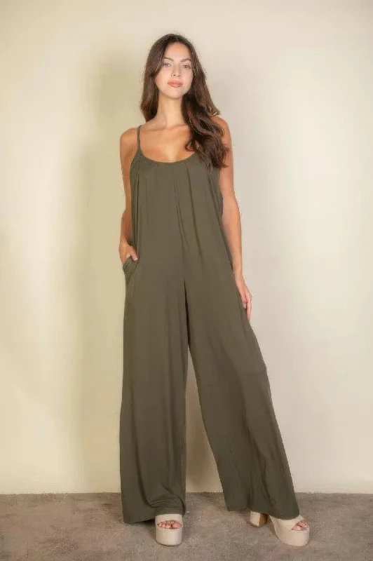 Flash Sales Today Spaghetti Strap Solid Wide Jumpsuit