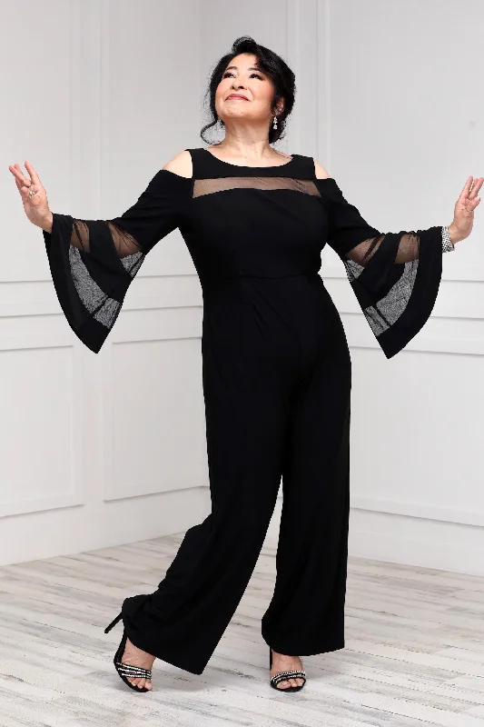 Unique Women's Fashion Pieces Petite Women's Cold Shoulder Illusion Bell Sleeve Dressy Jumpsuit