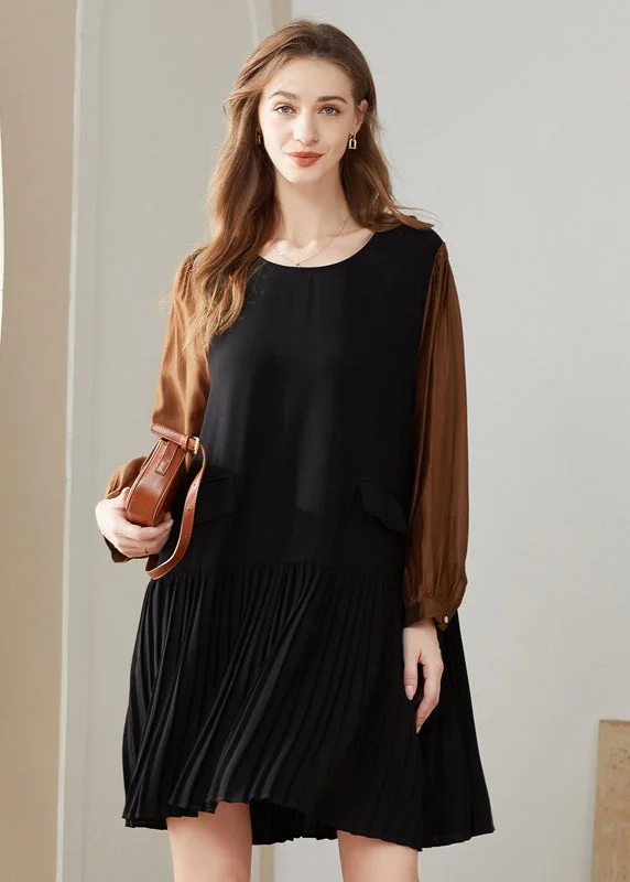 Everyday Basics Modern Colorblock O-Neck Oversized Patchwork Chiffon Pleated Dress Spring