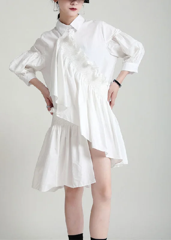 Comfort First Women's Fashion French White Asymmetrical Patchwork Ruffles Cotton Shirt Dress Lantern Sleeve