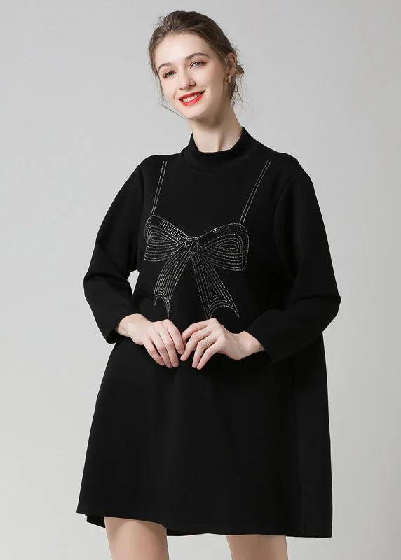 Comfortable Casual Wear Modern Black High Neck Ruffled Patchwork Bow Cotton Robe Dresses Spring