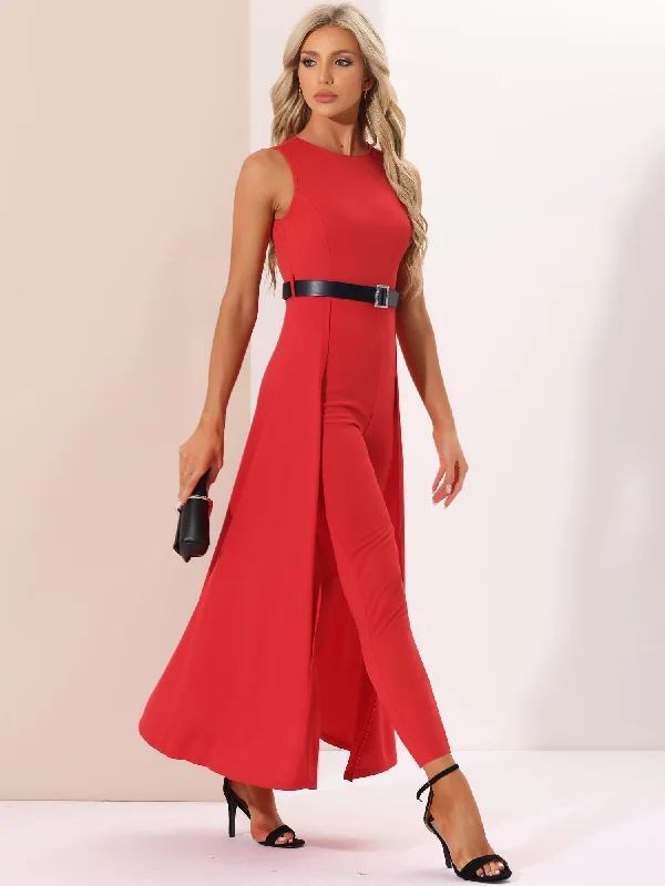 Chic And Comfortable Solid Sleeveless Belted High-Waist Overlay Swing Jumpsuit