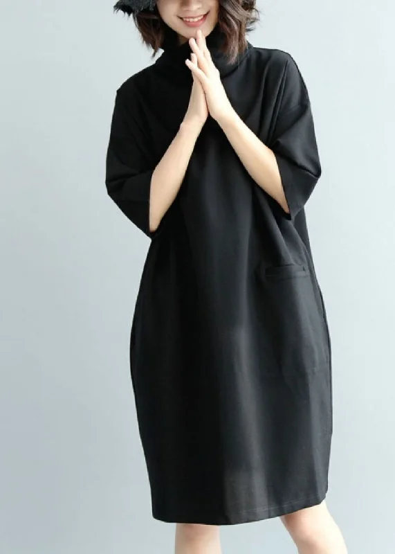 Outfits For Women Solid Black Cotton Dress High Neck Half Sleeve