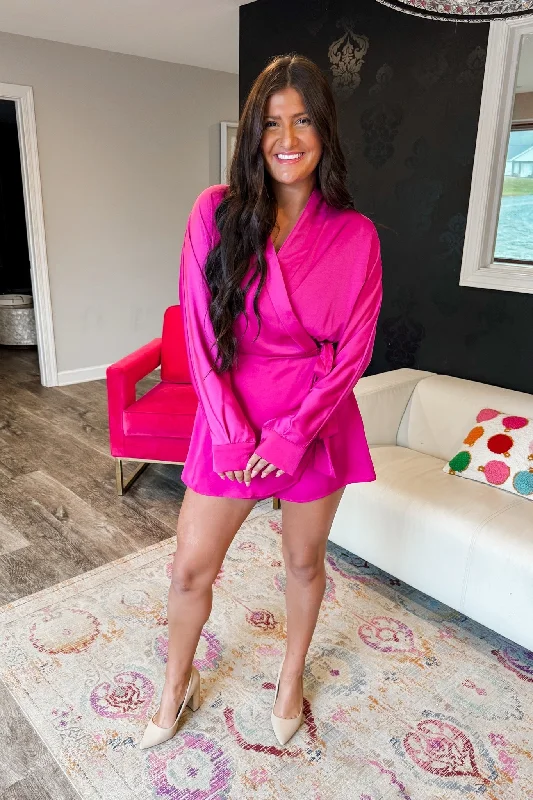 Sale Clothes Online Satin Long Sleeve Faux Wrap Romper in Fuchsia