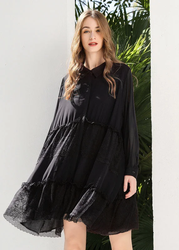 Women's Casual Dresses Fashion Black Peter Pan Collar Lace Patchwork Chiffon Holiday Dress Spring